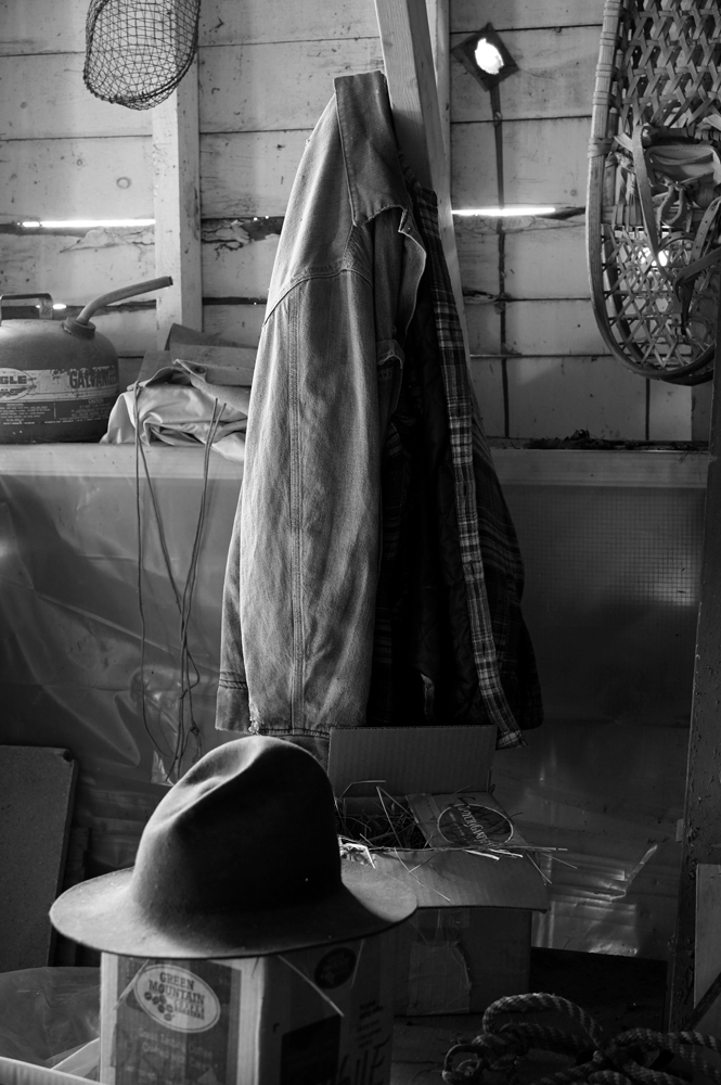 Still life, farmer’s hat, jacket, snowshoes, Vermont farm, barn scene