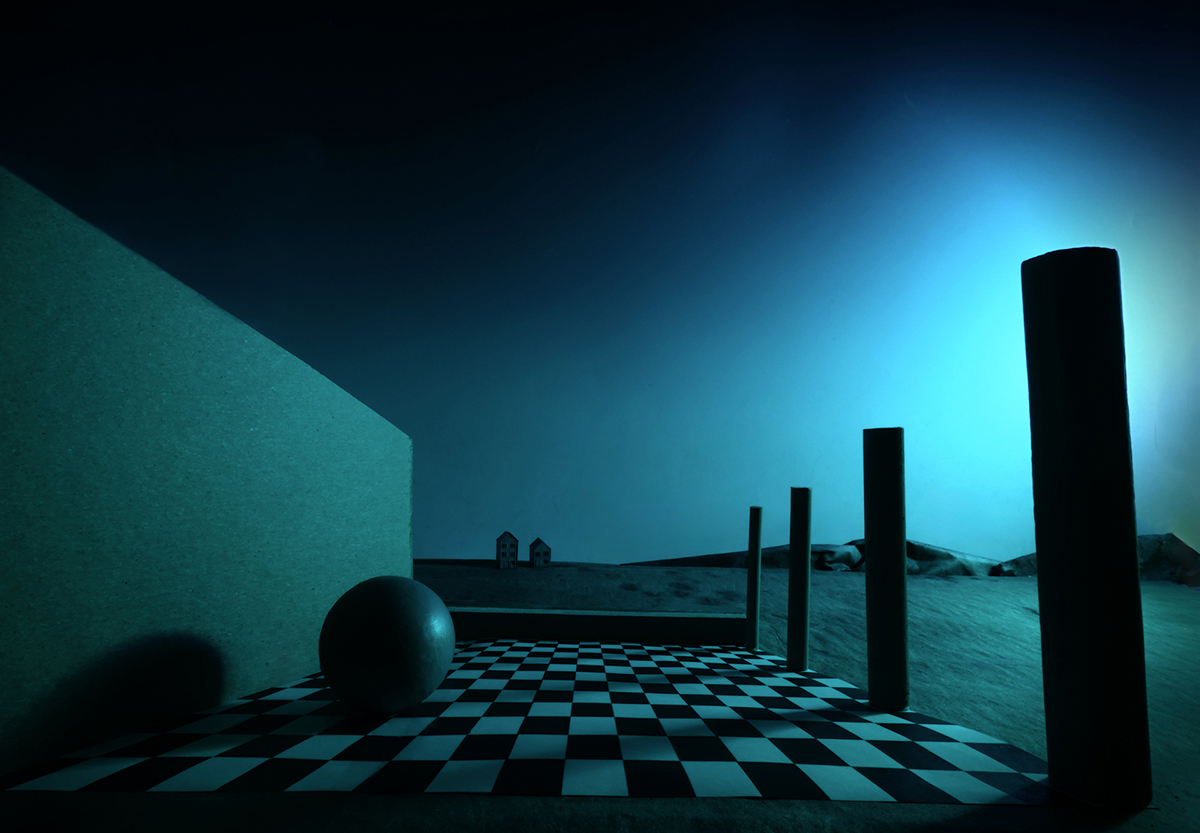 surreal landscape, surrealism, sphere, checkerboard, pillars, night scene, moonlight, moonlit scene