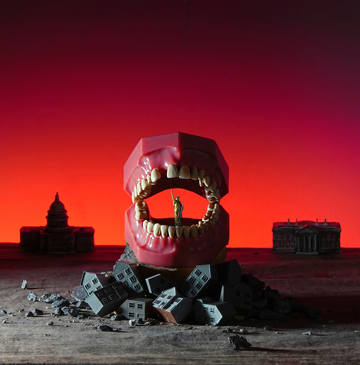 Statue of Liberty, political commentary, White House, Capitol building, teeth, symbolic teeth, dentures, surreal landscape, surreal landscape photography