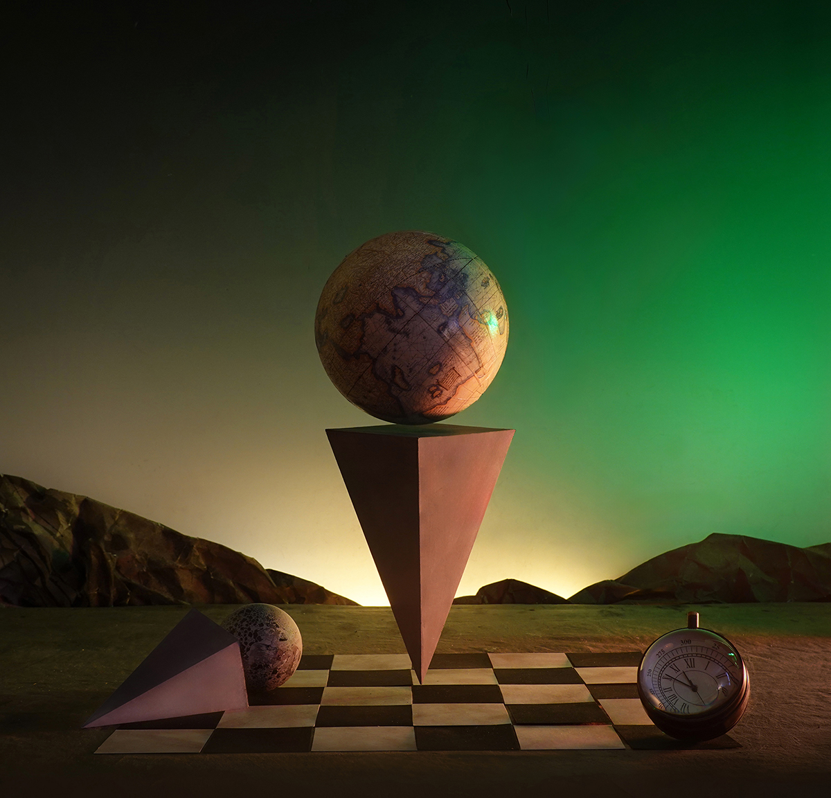 globe, checkerboard, surreal landscape photography, surrealism, pyramid, clock, symbolic clock, balancing, balancing act, instability, earth in the balance, climate change