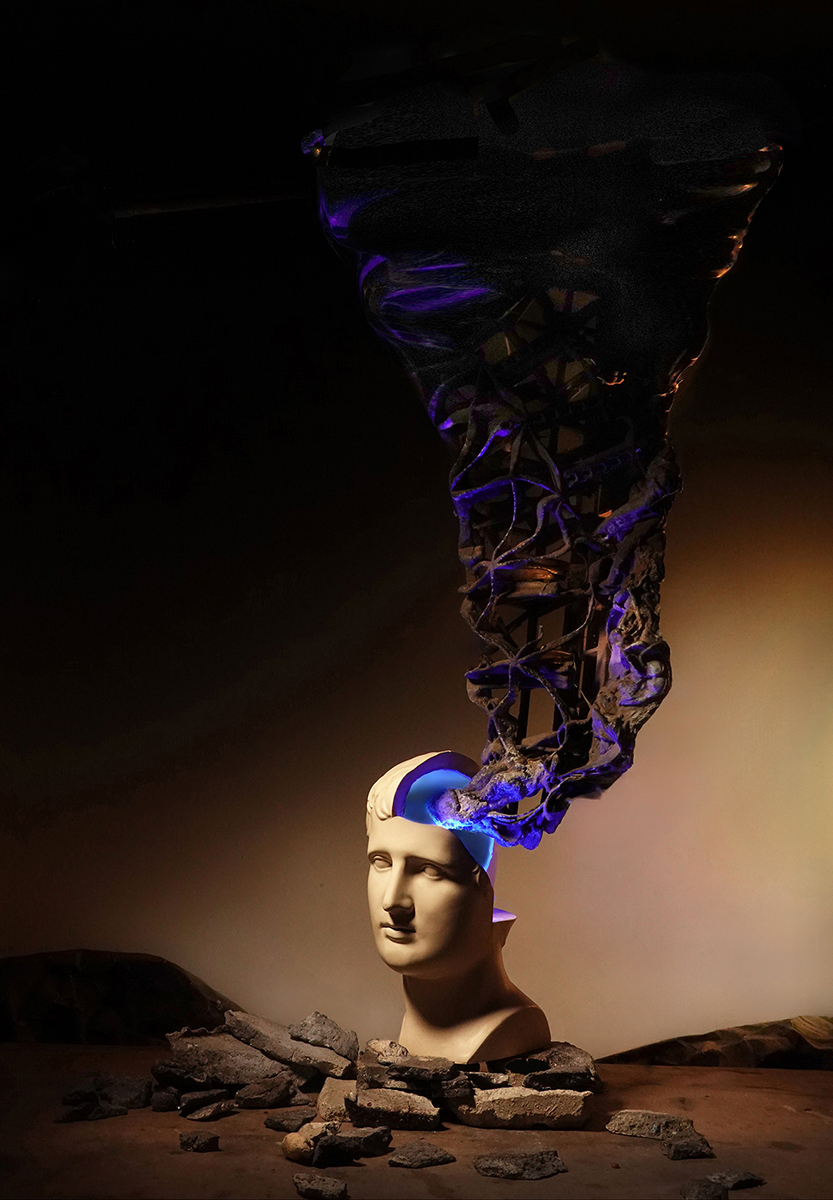 classic head, cutaway head, surreal landscape photography, surrealism, 