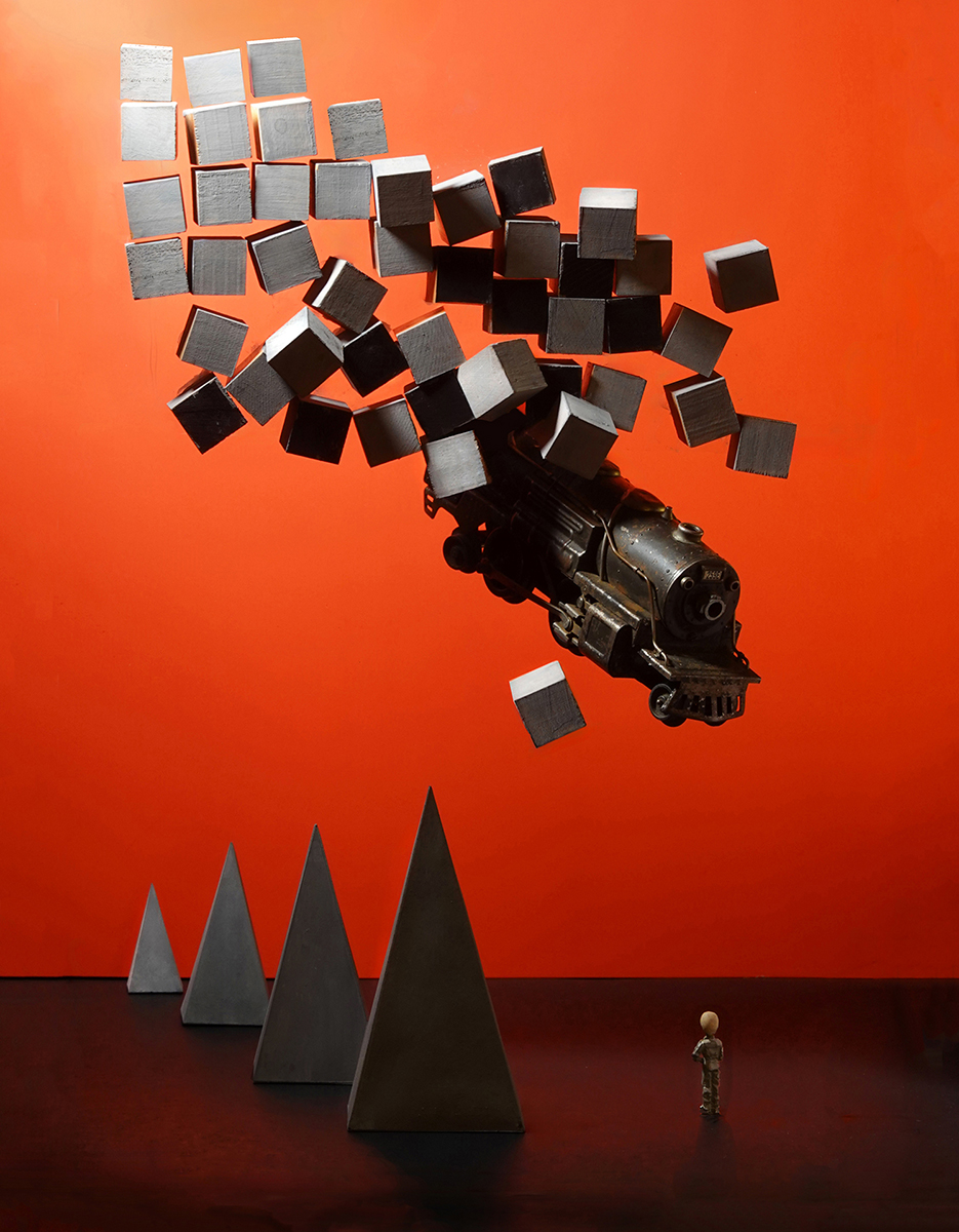 locomotive, train, train wreck, pyramids, surreal train, surrealism, train nightmare, demolition