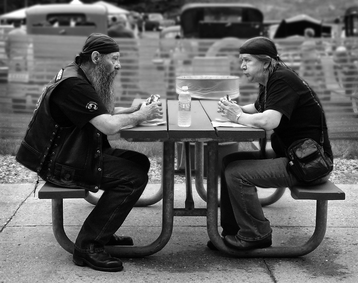 Street photography, motorcyclist, food, people eating, Sunapee, NH