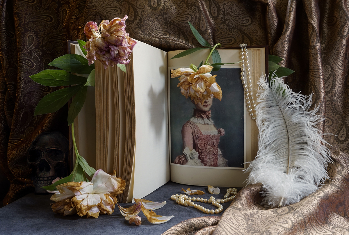 Still life, lady portrait painting, peonies, feather, skull, pearls, art history book