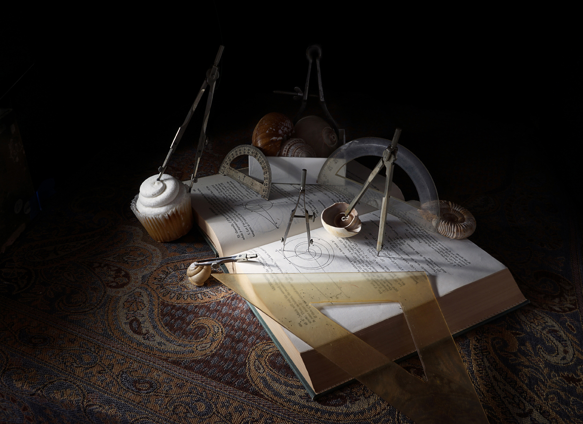 Still life, shells, cupcake, geometry instruments, protractors, square, pair of compasses, book, Archimedes on Spirals